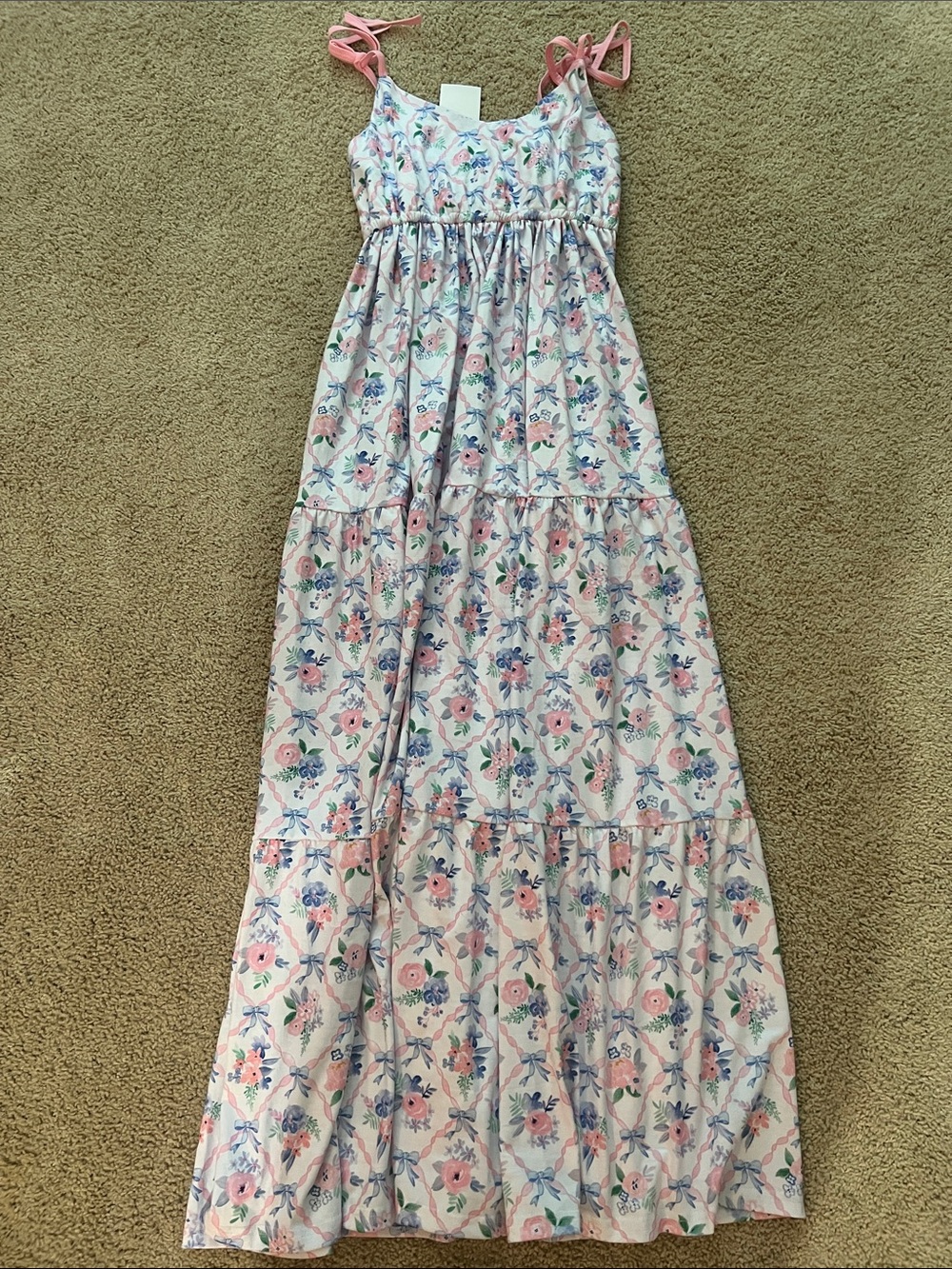Mommy & Me Boutique Pink Floral Tie-Shoulder Tiered Maxi Dress Small